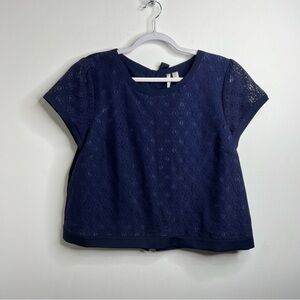 LC Lauren Conrad Lace Short Sleeve Blouse with Bow Tie Back Navy